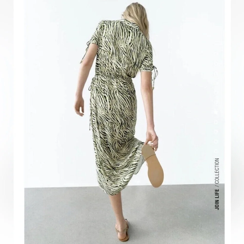 ZARA Animal Print Wrap Dress ECRU/KHAKI - Picture 5 of 13